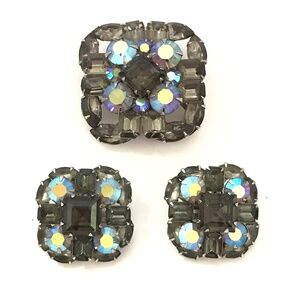JUDY LEE Rhinestone Brooch and Earrings Set Blue Gray Vintage